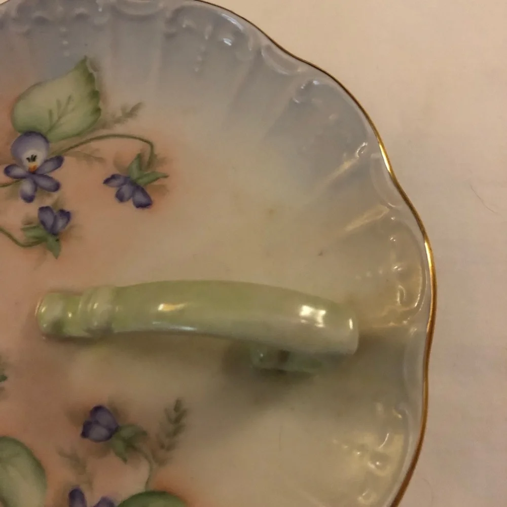 Vintage Hand-Painted Violet Floral Porcelain Handle Nappy/Trinket Dish